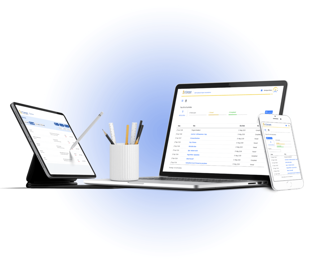 An image of V-Connect's (LXP) Learning Experience Platform on various devices.